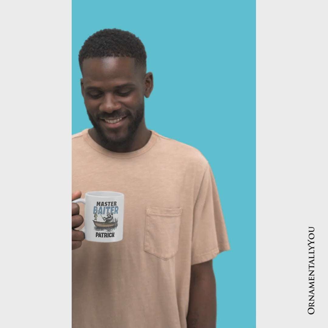 Master Baiter Fishing Personalized Mug, Funny Raccoon Father Vintage Gift with Custom Name