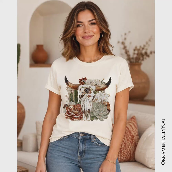 Boho Floral Cow Skull T-Shirt, Western Autumn Cowgirl Tee
