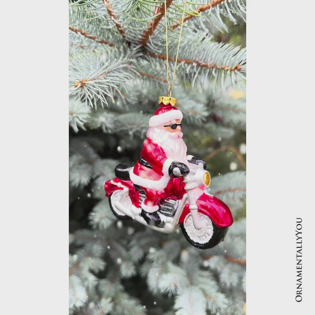 Motorcycle Santa Cruising Glass Christmas Ornament, Biker Gift