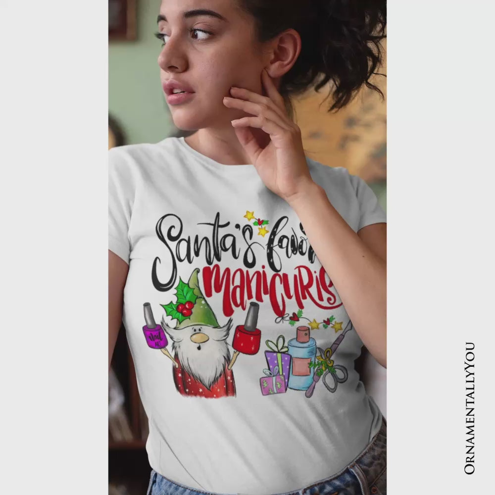 Santa’s Favorite Manicurist Nail Studio T-Shirt, Stylish Holiday Tee for Beauty Technicians