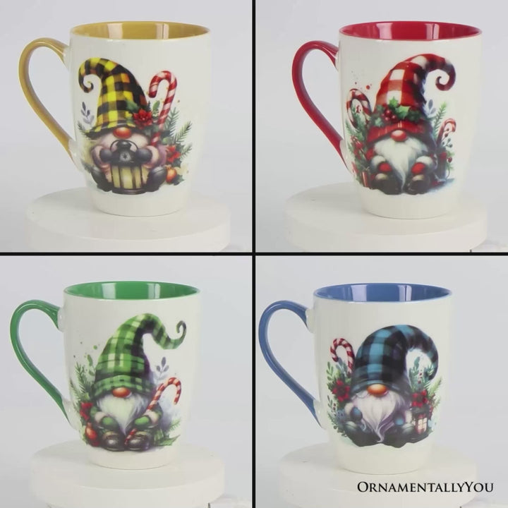 Cheerful Holiday Gnome Eclectic Ceramic Mug Set of 4, Christmas Coffee Cups for a Tableware Gift