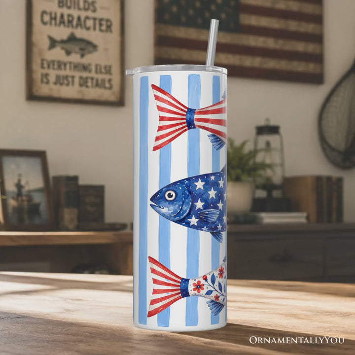 Patriotic Fish Stripe 20oz Personalized Tumbler With Lid and Stainless Steel Straw, 4th of July Angler Gift Cup