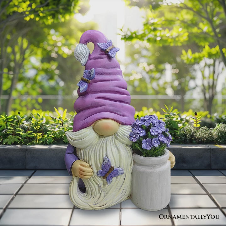 Garden Grace Lavender Gnome Figurine, 10"  Purple Home Decor Statue with Butterflies and Flowers