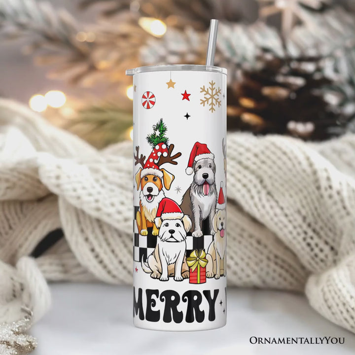 Funny Merry Woofmas 20oz Personalized Tumbler With Lid and Stainless Steel Straw, Dogs With Santa Hats Christmas Gift Cup