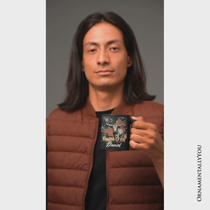 Western Longhorn Bull Personalized Mug, Cowboy Rodeo Gift with Custom Name