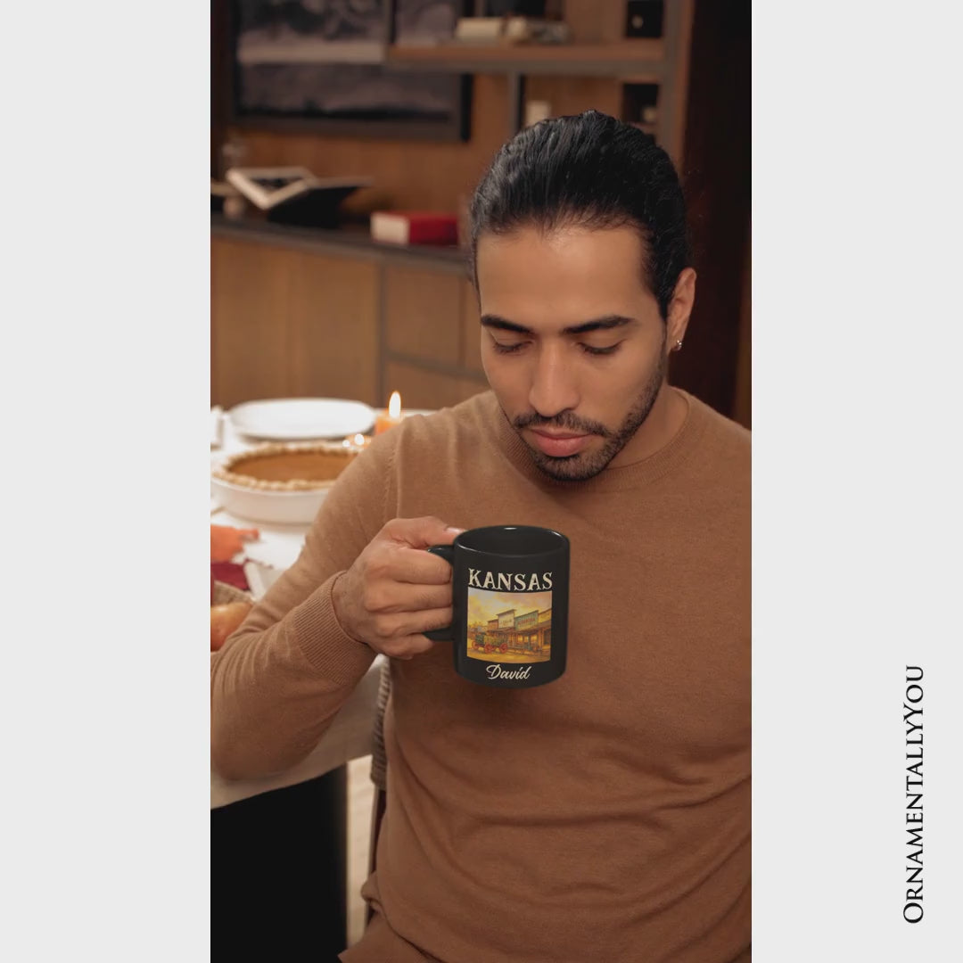 Vintage Kansas State Dodge City Boot Hill Street Scene Personalized Mug, Wild West Gift and Frontier Souvenir with Custom Name