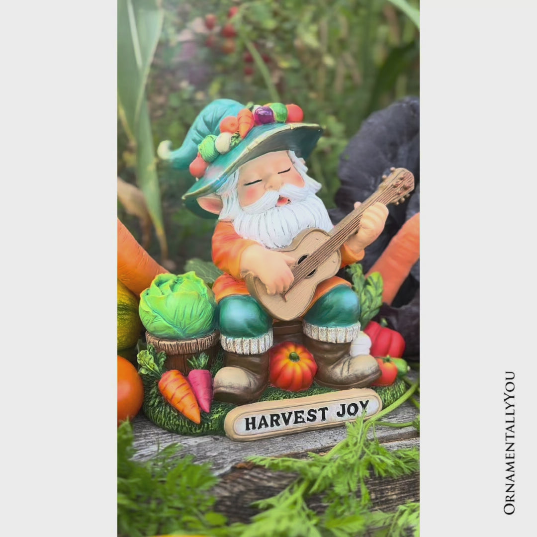 Veggie Farmer Gnome Figurine, 9" Ukulele Playing Vegetable Dwarf Garden Statue