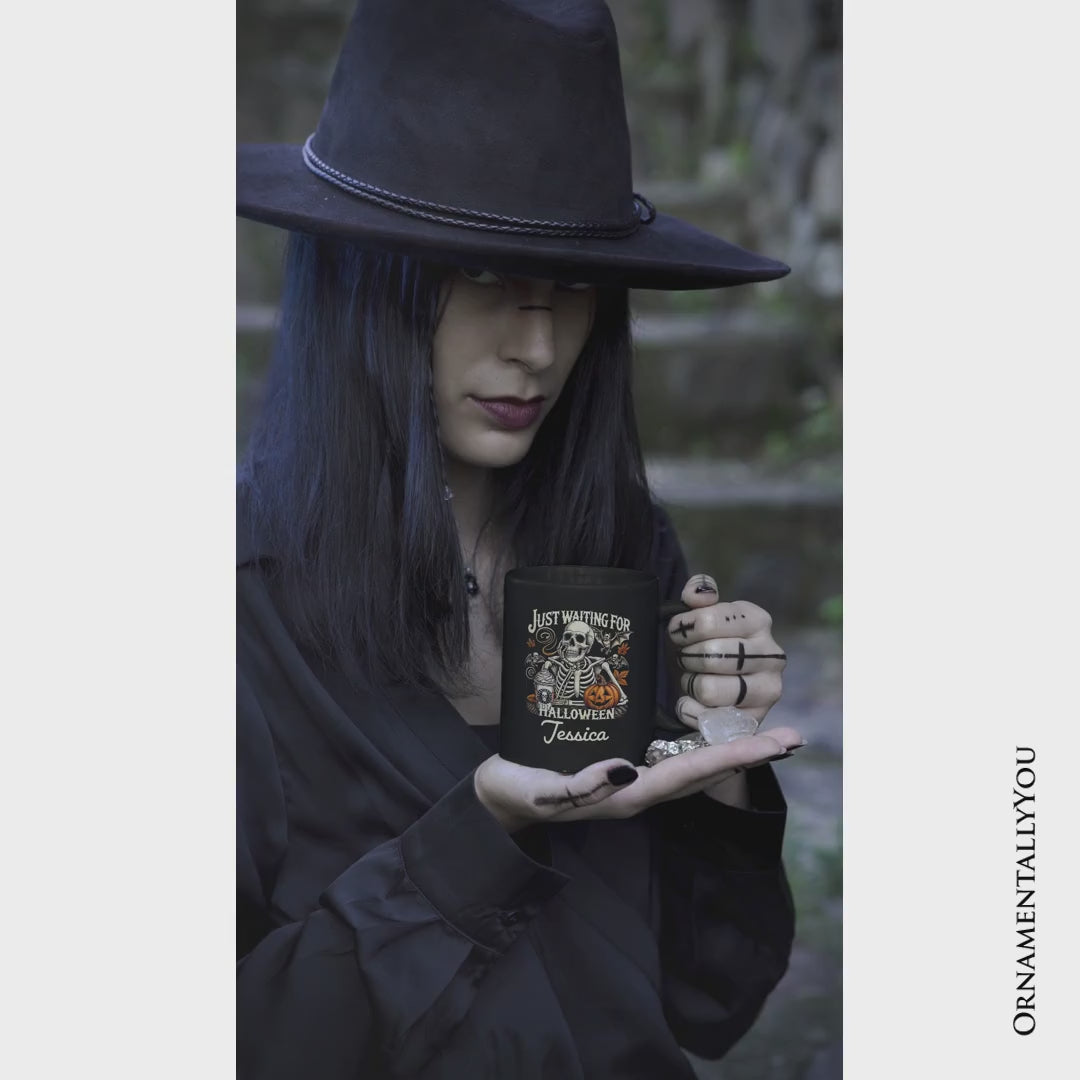 Just Waiting for Halloween Personalized Mug, Spooky Skeleton Gift with Custom Name