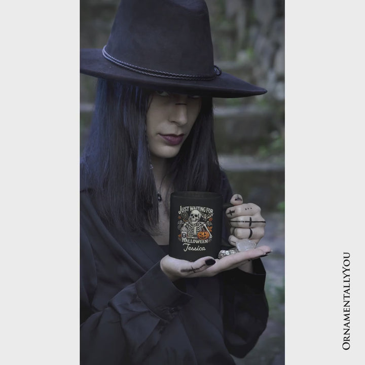 Just Waiting for Halloween Personalized Mug, Spooky Skeleton Gift with Custom Name