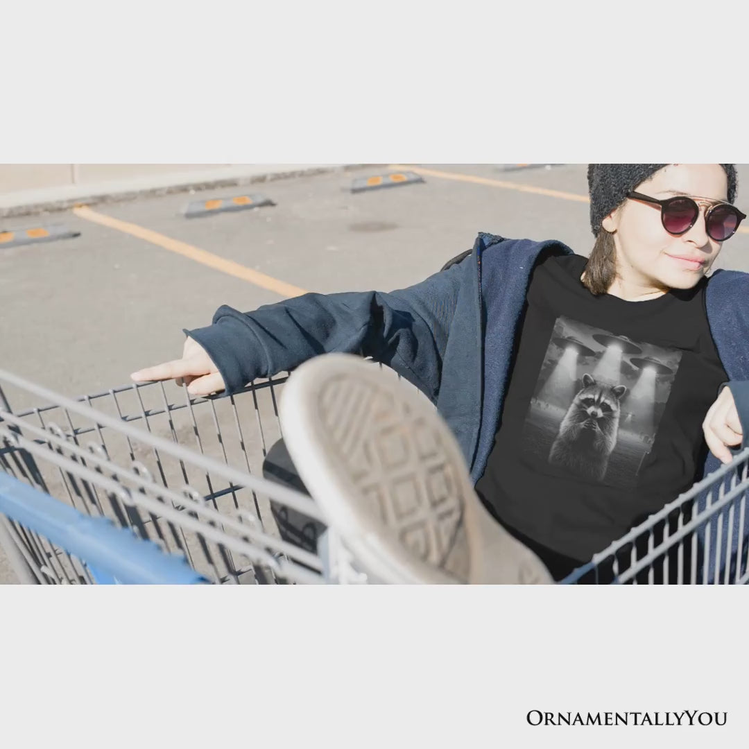 Funny Raccoon UFO T-Shirt, Unisex Black Tee for Space Lover