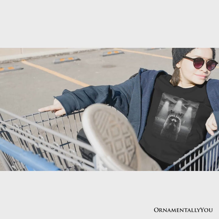 Funny Raccoon UFO T-Shirt, Unisex Black Tee for Space Lover