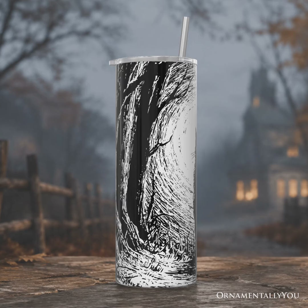 Haunted Forest Black Cat 20oz Personalized Tumbler With Lid and Stainless Steel Straw, Spooky Halloween Night Gift Cup