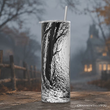 Haunted Forest Black Cat 20oz Personalized Tumbler With Lid and Stainless Steel Straw, Spooky Halloween Night Gift Cup