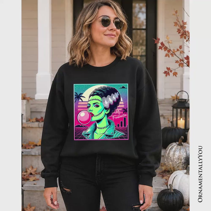 Vaperwave Mrs Frankenstein Retro Neon Horror Sweatshirt, Synthwave 80's Styled Classic Halloween Sweater
