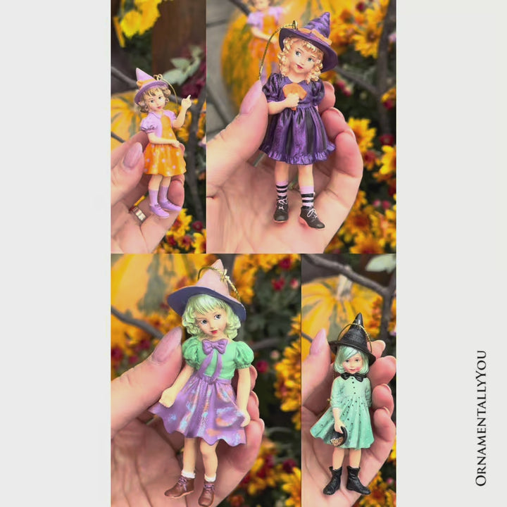 Classic Victorian Little Witch Girls Set of 4 Ornaments, Vintage Halloween Tree Resin Decoration