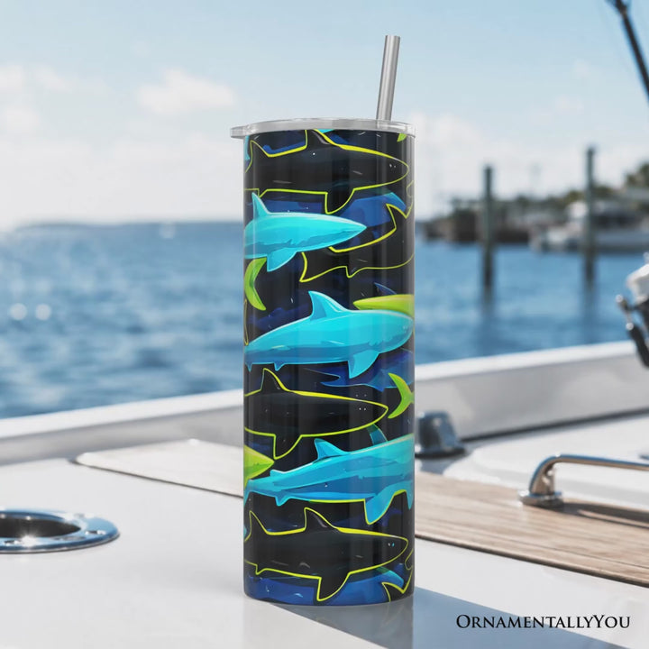 Neon Shark Camo 20oz Personalized Tumbler With Lid and Stainless Steel Straw, Marine Animal Pattern Gift Cup
