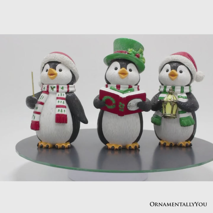 Caroling Penguin Trio Set of Christmas Figurines, 6" Winter Holiday Statue Set of Three