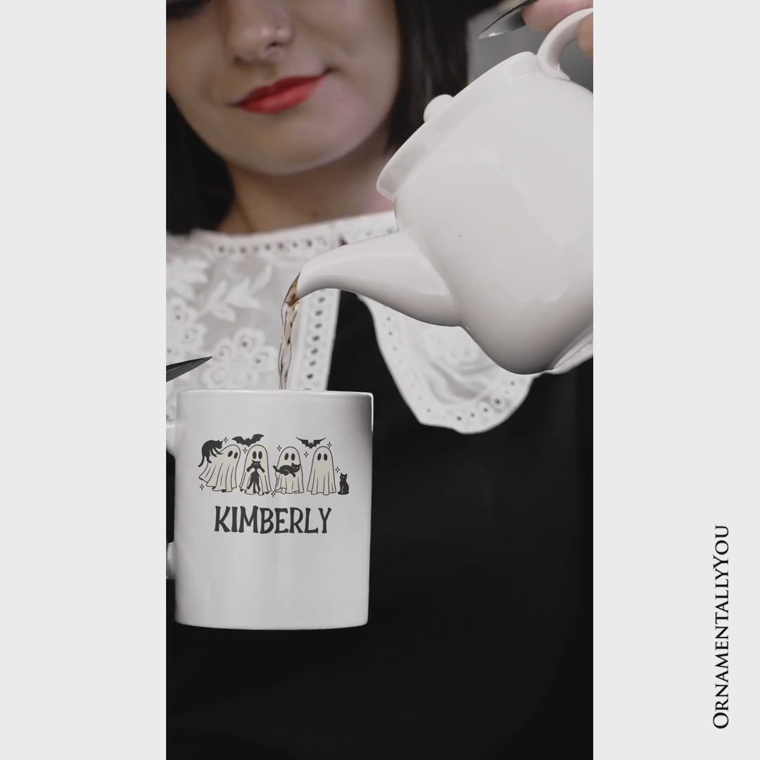Ghosts and Cats Spooky Personalized Mug, Whimsical Halloween Gift with Custom Name