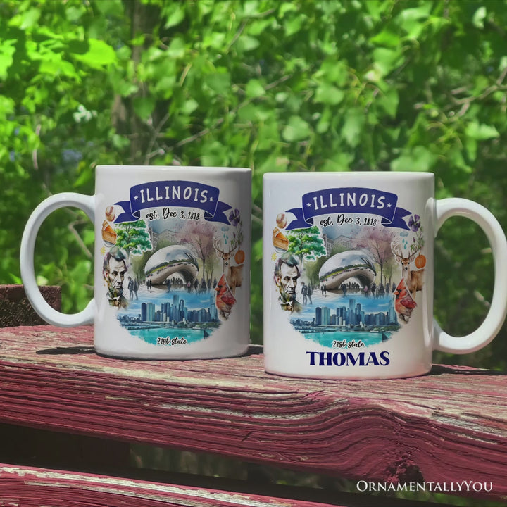 Artistic Illinois State Themes and Landmarks Personalized Mug With Custom Name