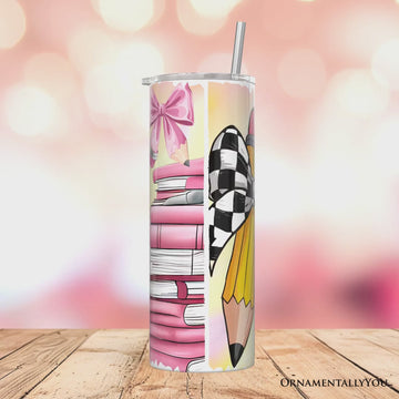 Coquette Pink Teacher 20oz Personalized Tumbler With Lid and Stainless Steel Straw, Retro School Brushstrokes Gift Cup
