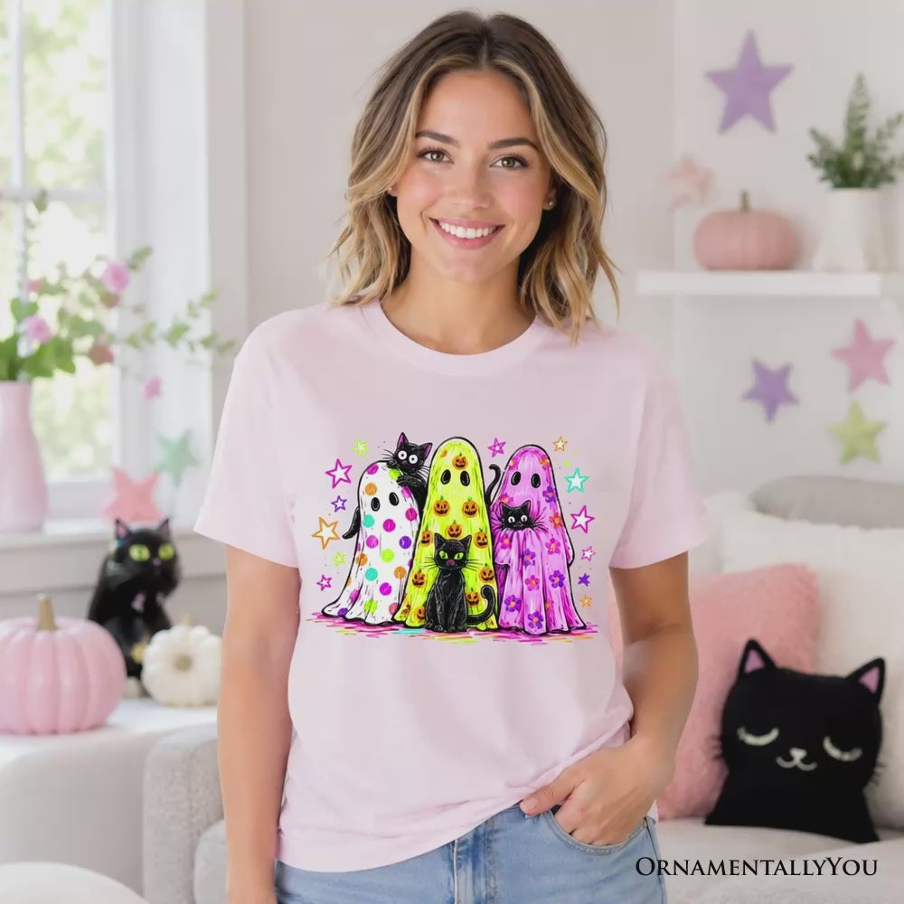 Colorful Ghosts and Black Cats T-Shirt, Neon Halloween Spooky Season Tee