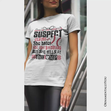 Baseball Suspect Claims Fun T-Shirt, Retro White and Natural Tee With Coquette Bow