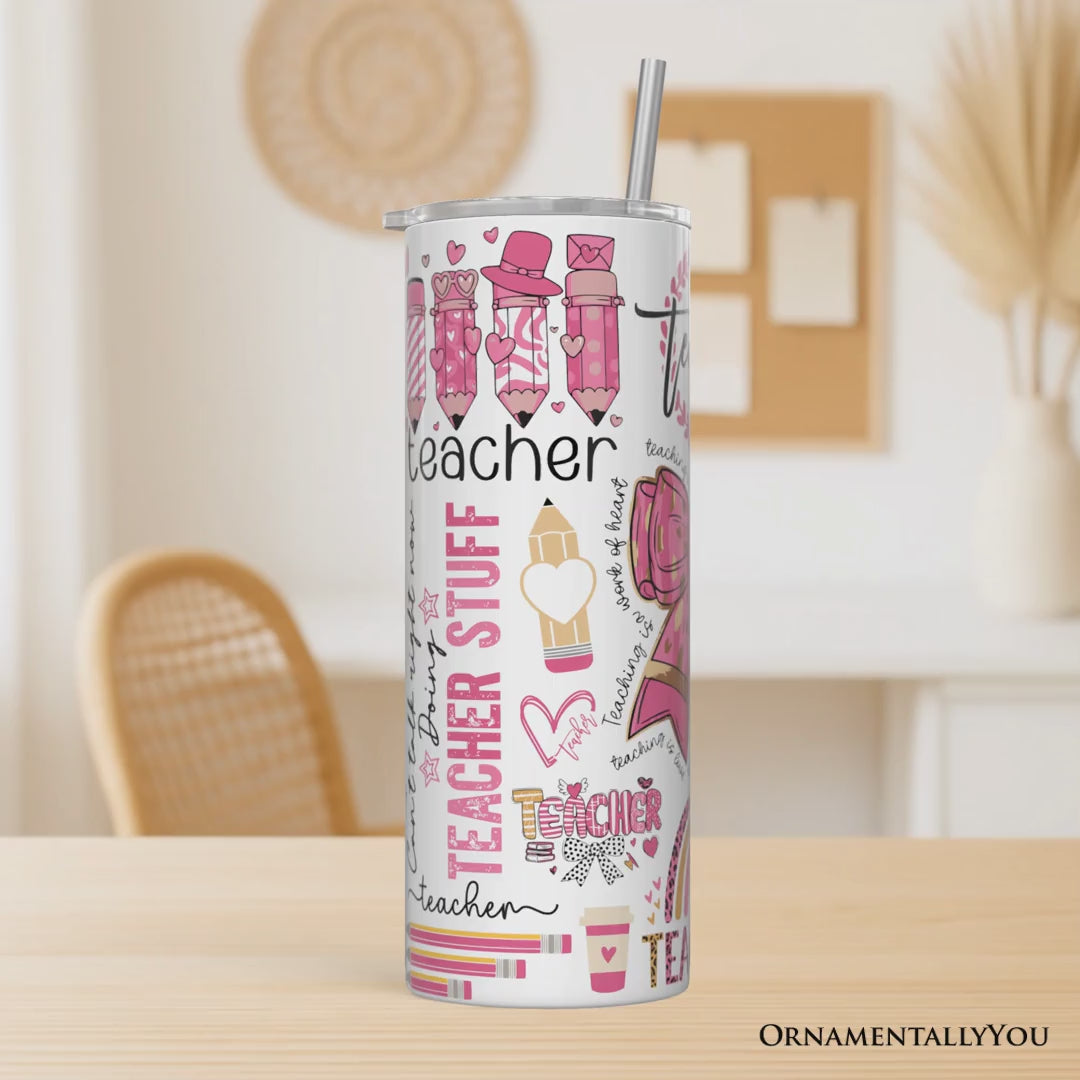 Teacher Life Pink 3D Inflated 20oz Personalized Tumbler With Lid and Stainless Steel Straw, Educator Appreciation Gift Cup