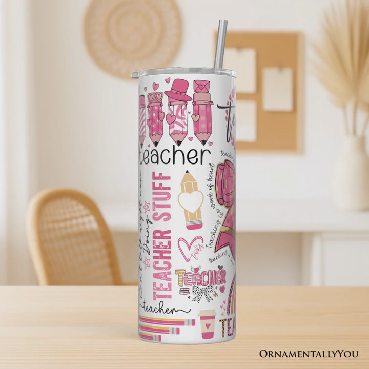Teacher Life Pink 3D Inflated 20oz Personalized Tumbler With Lid and Stainless Steel Straw, Educator Appreciation Gift Cup