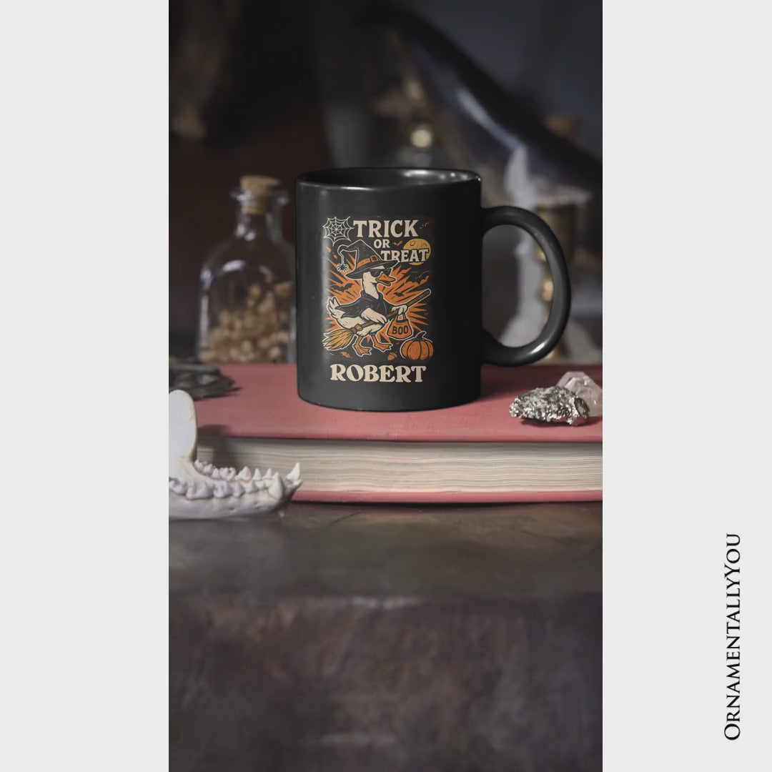 Trick or Treat Goose Personalized Mug, Vintage Halloween Witch Gift with Custom Name