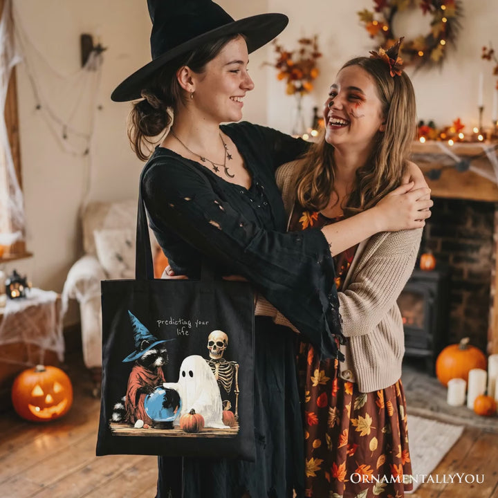 Predicting Your Life Witch Racoon Tote Bag, Vintage Halloween Ghost Skeleton Fortune Teller Gift Shopper