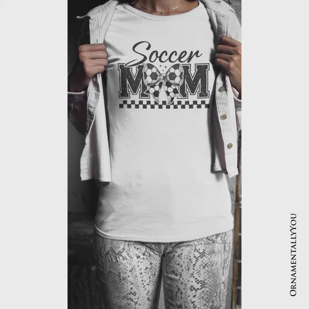 Soccer Mom Coquette Bow Retro T-Shirt, Stylish Game Day White Tee for Trendy and Proud Sports Mothers