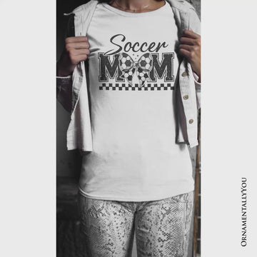 Soccer Mom Coquette Bow Retro T-Shirt, Stylish Game Day White Tee for Trendy and Proud Sports Mothers