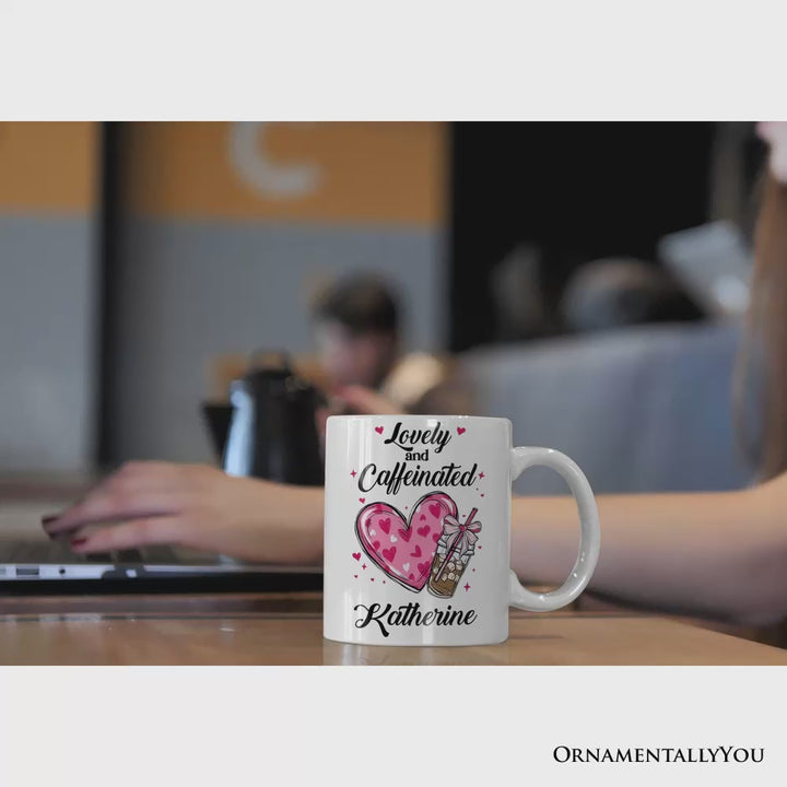 Lovely And Caffeinated Personalized Mug, Valentine Heart Coquette Bow Coffee Lover Gift With Custom Name