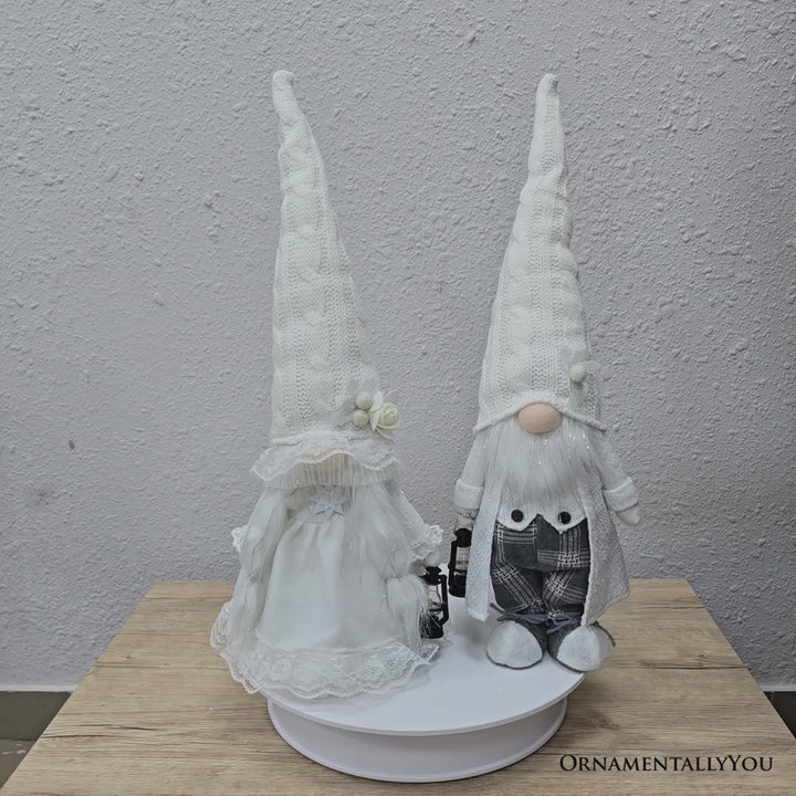 Winter Bride and Groom Plush Gnome Set of 2, Romantic 19" Christmas Wedding Decor