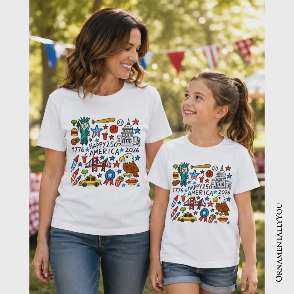 Kids Happy 250 America Doodle T-Shirt, Youth Patriotic USA 1776-2026 250th Anniversary Tee
