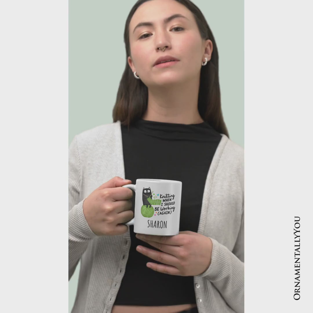 Knitting Black Cat Cute Personalized Mug, Funny Working Crafter Animal Gift with Custom Name
