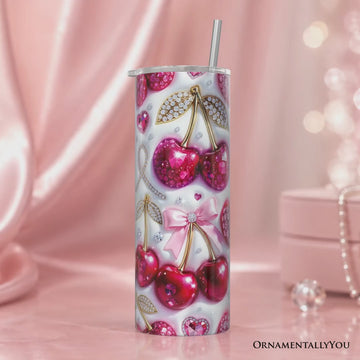 Pink Rhinestone Cherry Bow 20oz Personalized Tumbler With Lid and Stainless Steel Straw, Sparkly Valentine Coquette Gift Cup