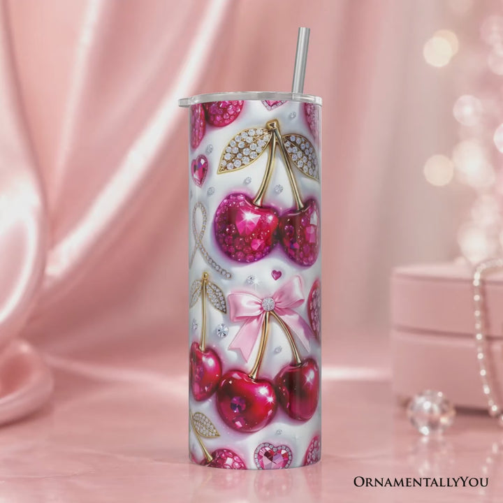 Pink Rhinestone Cherry Bow 20oz Personalized Tumbler With Lid and Stainless Steel Straw, Sparkly Valentine Coquette Gift Cup