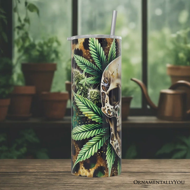 Leopard Skull Weed 20oz Personalized Tumbler With Lid and Stainless Steel Straw, Gothic Cannabis Gift Cup