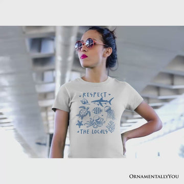 Respect the Locals Ocean Animals T-Shirt, Cute White and Natural Vacation Tee