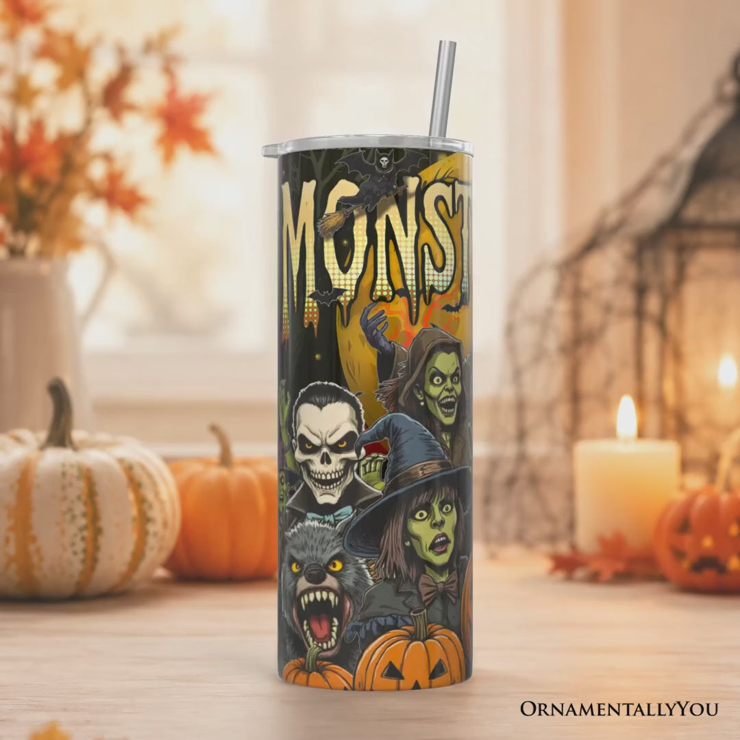 Monster Mash Horror 20oz Personalized Tumbler With Lid and Stainless Steel Straw, Retro Halloween Gift Cup