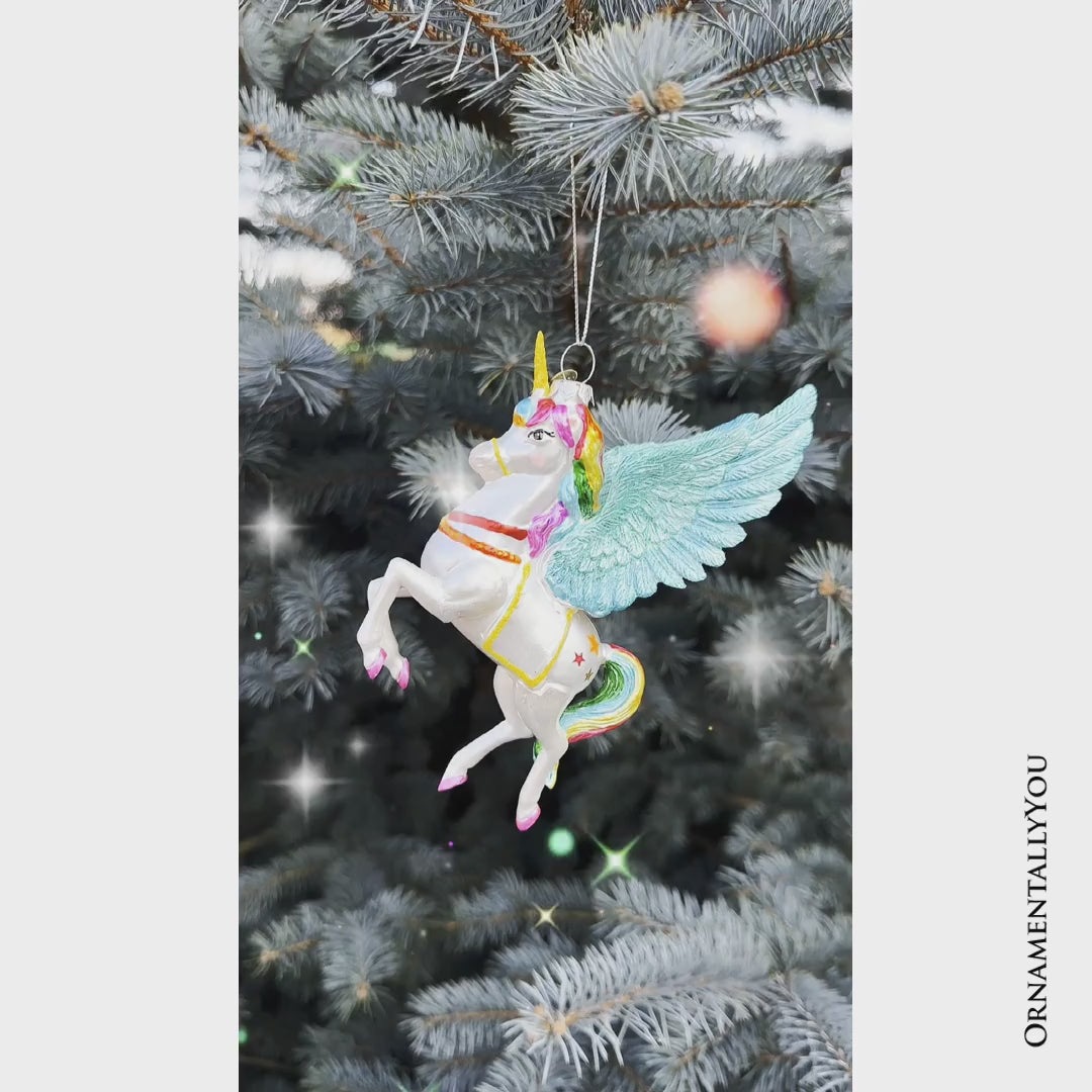 Cute Colorful Unicorn Glass Christmas Ornament with Rainbow Hair