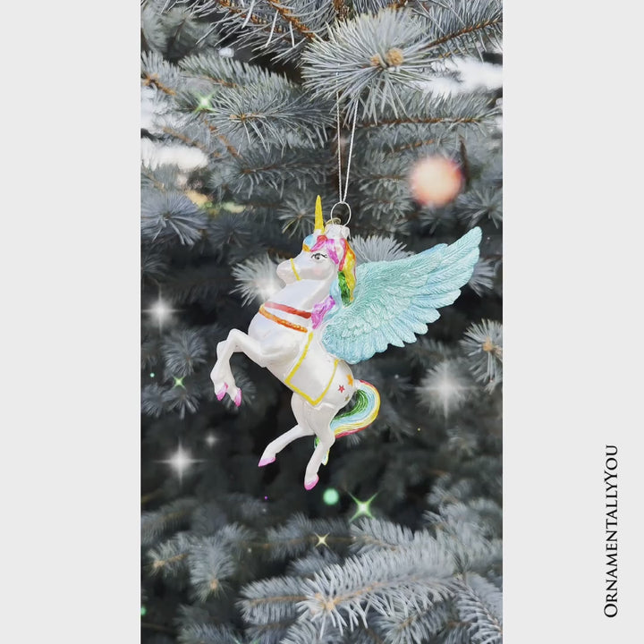 Cute Colorful Unicorn Glass Christmas Ornament with Rainbow Hair