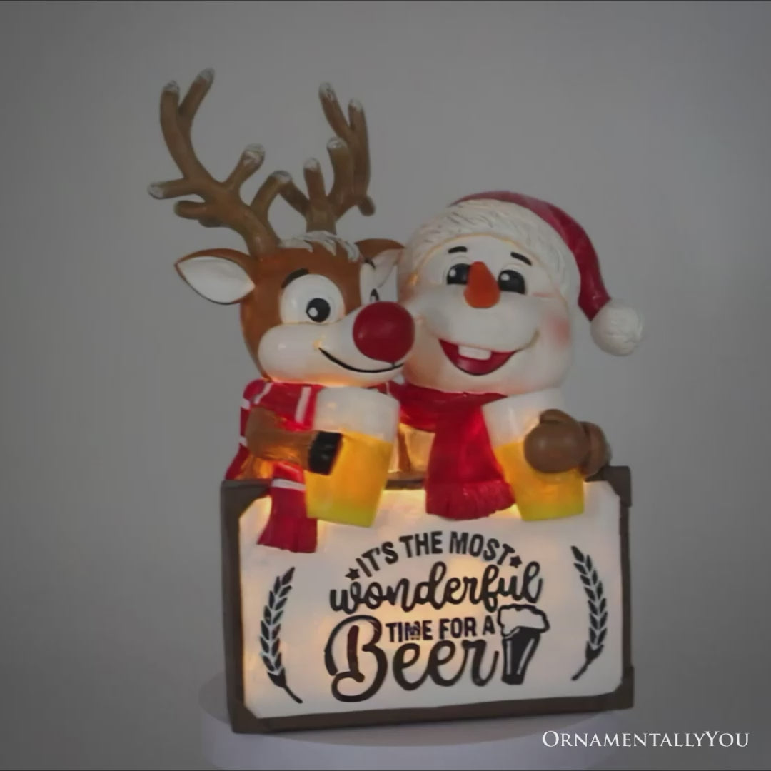 It's the Most Wonderful Time for a Beer Festive Figurine, 8" Snowman and Reindeer Christmas Party Statue