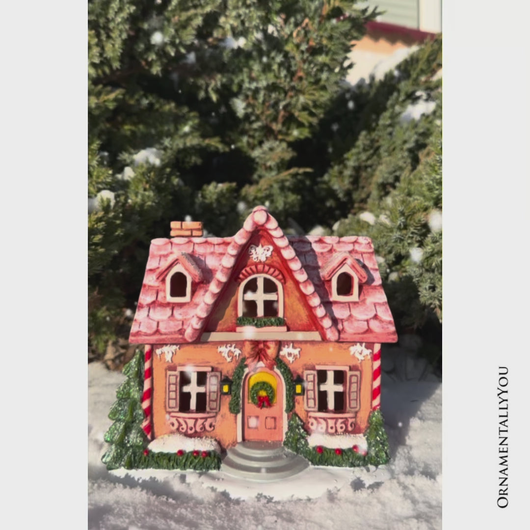 Sparkling Pink Winter Magic LED Gingerbread Home Figurine, 7" Lighted Christmas Decoration Decor