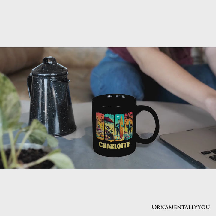 Frankenstein's Beach Vacation Personalized Mug, Retro Neon Summer Vibes Gift with Custom Name