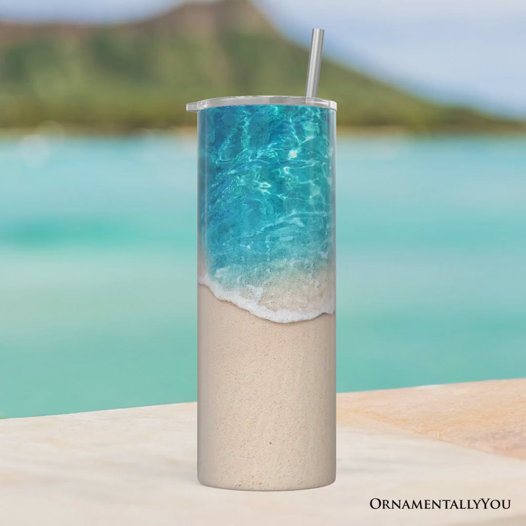 Turquoise Ocean Shore 20oz Personalized Tumbler With Lid and Stainless Steel Straw, Tropical Summer Coastal Gift Cup