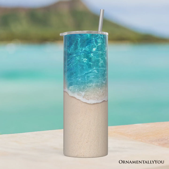 Turquoise Ocean Shore 20oz Personalized Tumbler With Lid and Stainless Steel Straw, Tropical Summer Coastal Gift Cup