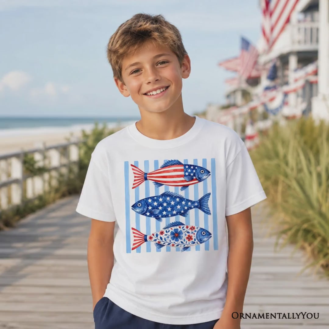 Kids Patriotic Fish Striped T-Shirt, 4th of July Beach Youth Tee