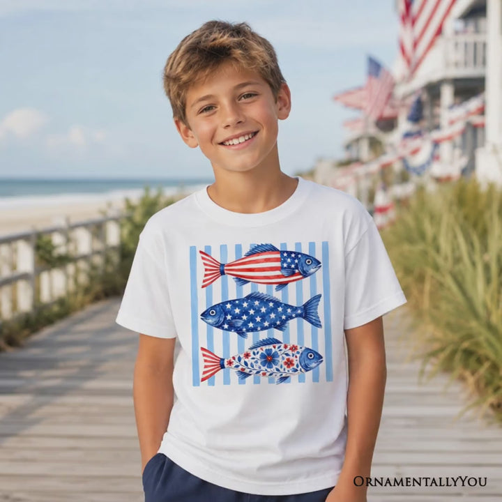 Kids Patriotic Fish Striped T-Shirt, 4th of July Beach Youth Tee